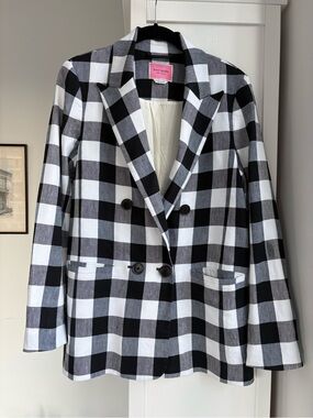 Kate Spade New York Buffalo Check Linen Blend Blazer Size 4 Black & White